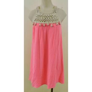 LILLY PULITZER RACHELLE XS Pink Sun Ray Gold Crochet Pom Pom Lined Dress EXC